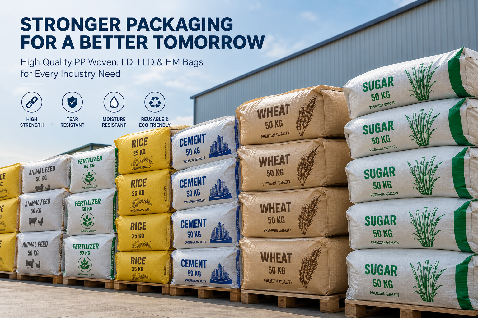 Stacked printed PP woven sacks for cement, wheat, rice, sugar and fertilizer packaging