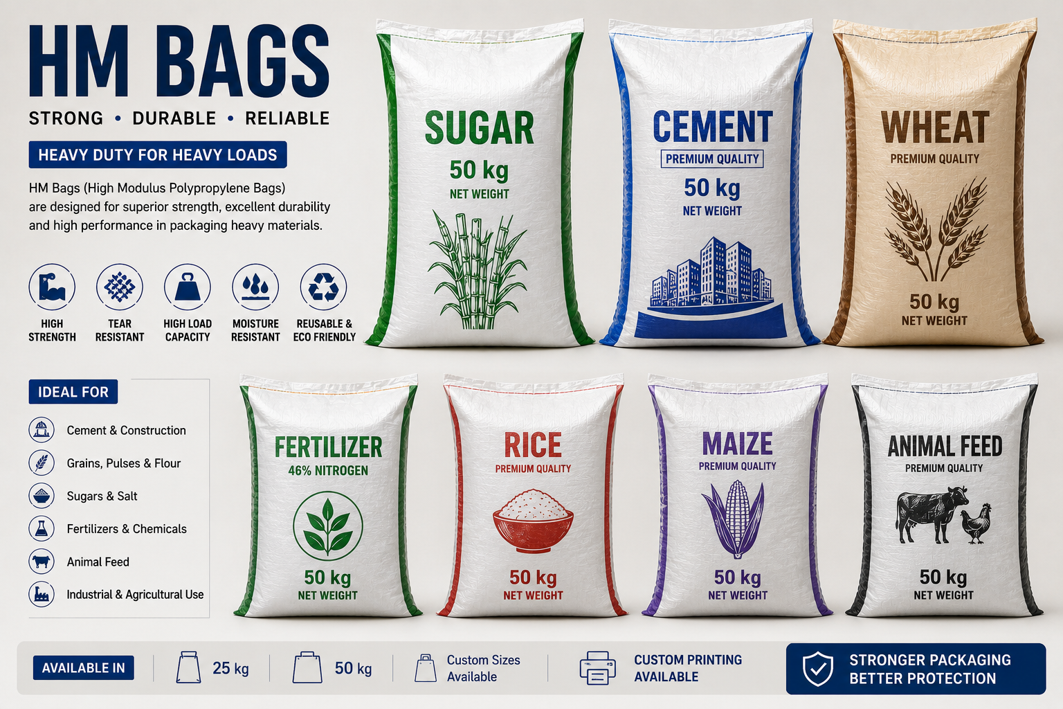 HM bags for sugar, cement, wheat, rice, fertilizer and animal feed packaging